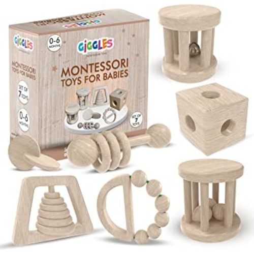 Giggles Montessori Toys for Babies 0-6 Months, Wooden Baby Toy Rattle, Teether, Teethers, Teething for Babies, Natural Wood, Baby Toys, Infant Circle Rattle, Rattles, Baby Wooden Toys 6-12 (Natural)