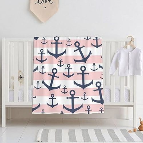 DKJlitter Baby Blanket for Boys Girls, Nautical Pink Stripe Navy Blue Anchor Pattern Super Soft Comfy Toddler Baby Newborn Double Layer Blanket Shower Gifts for Stroller & Crib 30 x 40 Inch