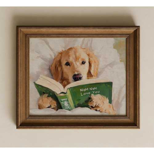 Night Night Love You Dog Reading Art Print - Cute Nursery Wall Decor Poster for Kids Bedroom Pet Lover Gift