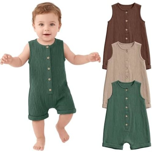 Halfchet 3 Pack Baby Boys Jumpsuit Cotton Newborn Romper Sleeveless Button Infant Playsuit Summer Outfit Clothes 0-24M