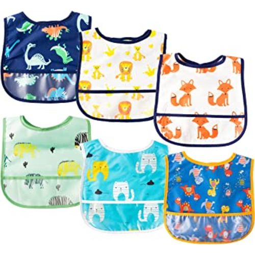 6Pcs Waterproof Toddler Bibs Baby Feeding Bib Set with Crumb Catcher Pocket Infant Adjustable Baby Teething Bib Babies Sleeveless Animals Food Bibs Keepsake Gift for Baby Shower, 6-24 Months