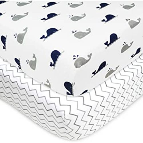 American Baby Company 2 Pack 100% Natural Cotton Fitted Crib Sheets 52" x 28" - Soft, Breathable, Hypoallergenic & Gentle Toddler Bed Sheets, Navy Whale/Grey Zigzag, Neutral for Boys & Girls