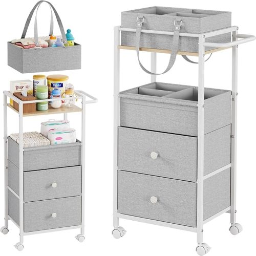 Modanais Baby Diaper Caddy Organizer Cart with Drawers - 3In1 Rolling Storage Cart with Wheels, Removable Diaper Caddy, Detachable Dividers - for Crib, Bedroom, Art & Craft Organizer (Light Gray)