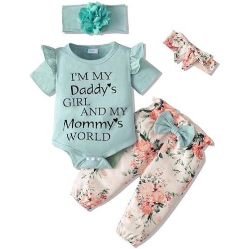 SUNNY PIGGY 3-6 Month Girl Clothes Baby Romper Infant Girl Green Short Ruffle Sleeve Spring Summer Outfits 4Pcs Baby Girls’Clothing Set Cute Floral Pant Sets