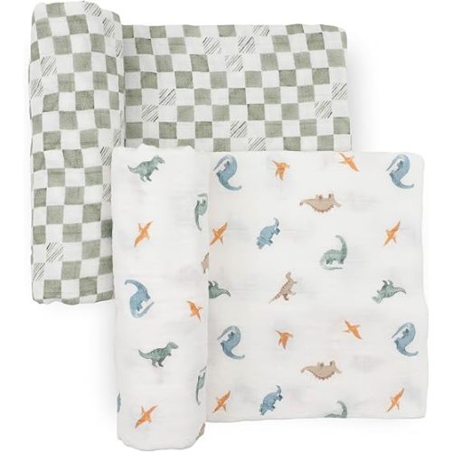 Little Unicorn 100% Certified Natural Organic Cotton Muslin Swaddle Blanket 2 Pack | Giftable Set of 2 swaddles (Little Dino)