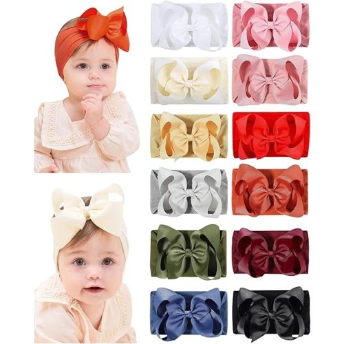 doboi Baby Girl Headband - 12pcs Nylon Hair Accessories with Big Ribbon Bows, Soft Lightweight Headbands for Baby Girls Infant Newborn Toddler