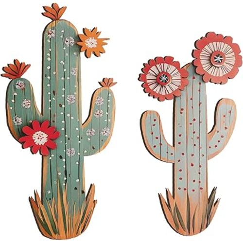 flangairy Cactus Wall Decor, 2 Pcs Wooden 3d Cactus Wall Art, Western Bathroom Bedroom Room Nursery Southwestern Home Decorations
