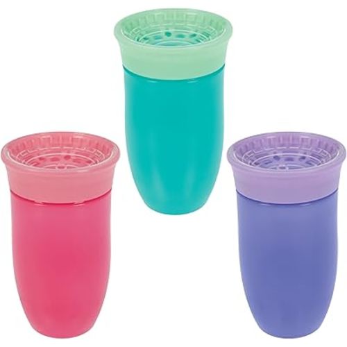 Nuby Wonder Cup - Spill-Proof Toddler Sippy Cups - (3 Pack) 10 oz - Sip from All Sides - Leak Resistant - Spoutless Transition Cup - Aqua/Purple/Pink