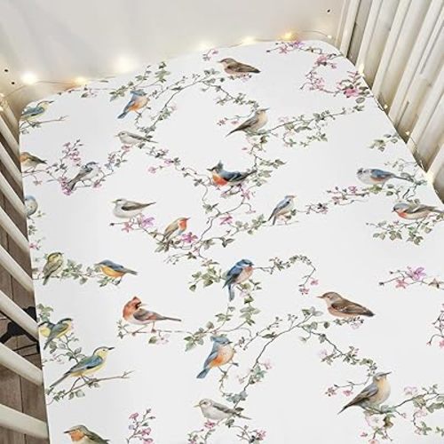 Watercolor Cute Birds Baby Crib Sheets for Boy Girl 52"x28" Spring Garden Bird Floral Leaves Soft Snug Fitted Crib Mattress Cover Sparrow Farmhouse Baby Sheet for Standard Crib and Toddler Mattress