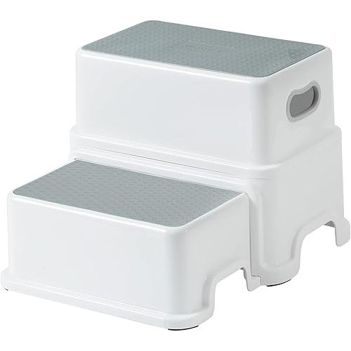 Victostar 2 Step Stool for Kids, Anti-Slip Sturdy Toddler Two Step Stool for Toilet Potty Training, Bathroom,Kitchen(Grey-White)