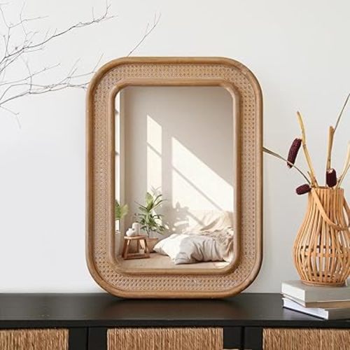 Micasso Rustic Wicker Wall Mirror: 30x22 in Purely Handmade Wooden Frame Rattan Mirror - Rectangular Shabby Chic Boho Bamboo Mirrors for Farmhouse/Bathroom/Bedroom/Living Room/Home Decor