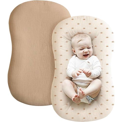 Konssy Muslin Baby Lounger Cover 2 Pack, 100% Cotton Newborn Lounger Cover, Soft and Breathable Removable Slipcover Infant Lounger Cover for Boy, Girl (Brown, Sun)