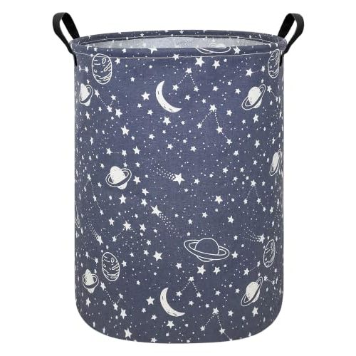 Foldable Waterproof Round Fabric Laundry Basket Home, Blue Starry Sky | Large Capacity, For Apparel Textiles, Plush Goods Storage, Whole House Tidying