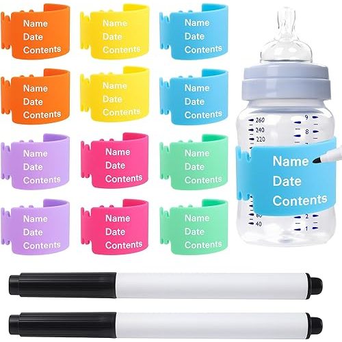 12PCS Silicone Baby Bottle Labels for Daycare - Writable Bottles Label + 2 Markers - Reusable & Anti-Slip Bottle Bands for Daycares - Write Name/Date Labels for Baby Bottles 6 Colors