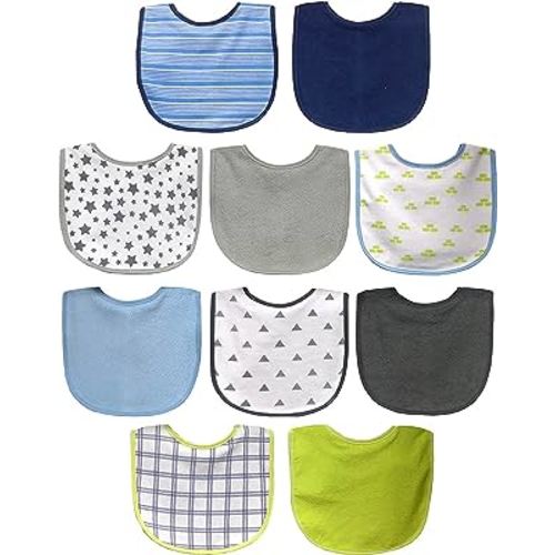 Neat Solutions 10 Pack Water Resistant Bib Set Blue/Grey Assorted, 10 Count, 0+ Months