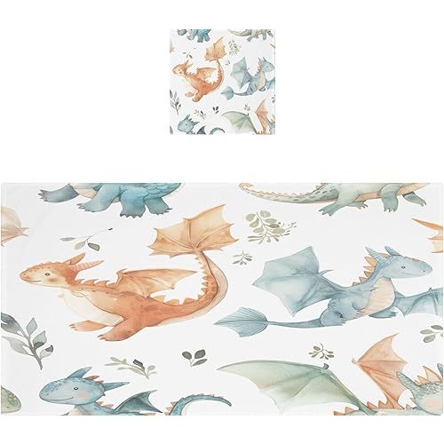 Qilmy Watercolor Cute Dragons Bathroom Towel Set of 2 with Wash Cloths & Bath Towel, Extra Aborbent Soft Cotton Towels Set Decor for Bathing Home Shower