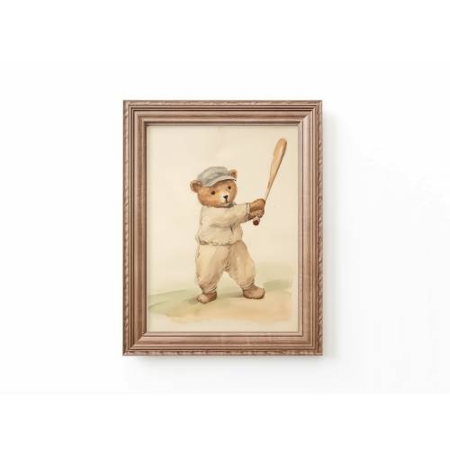Bear Playing Baseball Nursery Decor, Baseball Nursery Art, Bear Nursery Art Painting, Kids Room Baseball Decor by Bespoke Littles