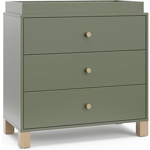 Storkcraft California 3-Drawer Chest with Removable Changing Topper (Olive with Driftwood) – GREENGUARD Gold Certified, Interlocking Drawer System, Pre-Installed Tracks, Easy Assembly