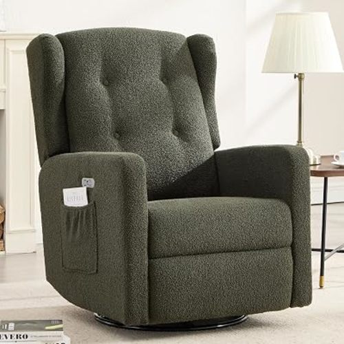 Ketaiyou Power Swivel Rocking Recliner Chair, Electric Rocker Nursery Glider Chair, USB and Type-C Ports, Upholstered Teddy Fabric Reclining Single Sofa Chair for Living Room (Green)