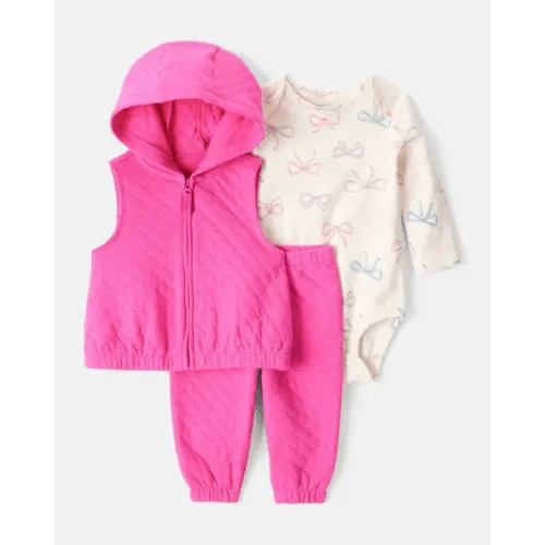 Baby Girl 3-Piece Bow Print Bodysuit, Vest & Pant Set - Pink | Carter's