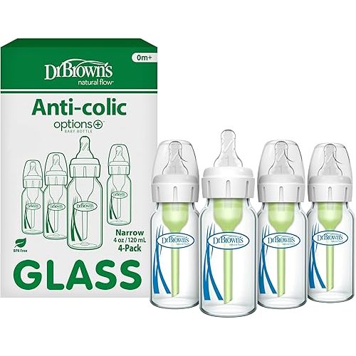 Dr. Brown's Anti-Colic Options+ Narrow Glass Baby Bottle with Level 1 Slow Flow Nipple, BPA-Free, 4 oz/120mL, 4-Pack