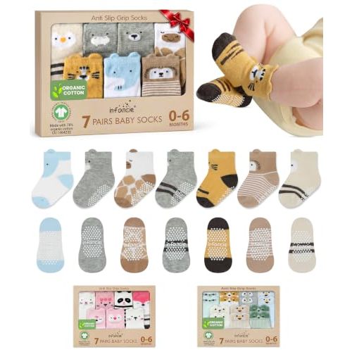 GOTS Organic Cotton Blend 7 Baby Socks 0-6 Months Animal Design Non Slip