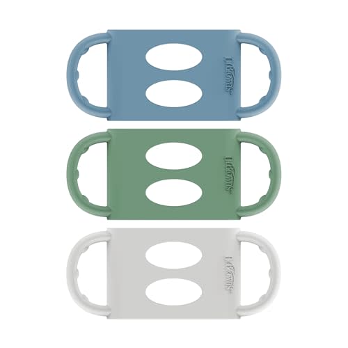 Dr. Brown's Wide-Neck Baby Bottle Handles, 100% Silicone, Easy Grip Removable Handles for Bottle to Sippy Cup Transition, Blue/Gray/Green, 3-Pack, 4m+
