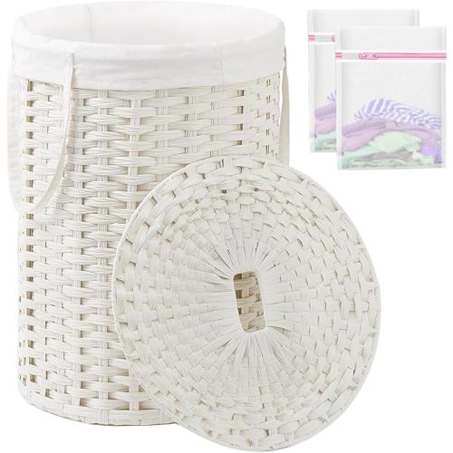 SETVSON Laundry Basket with Lid Round Rattan Laundry Hamper with Lid and Handles 29.1 Gal (110 L) Handwoven Woven Basket with Removable Bags and 2 Mesh Bags for Bathroom Living Room White