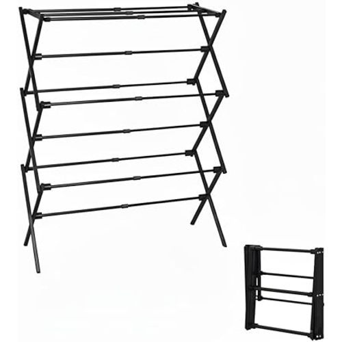 3-Tier Metal Folding Clothes Drying Rack, Laundry Drying Rack Clothing | Collapsible Dryer Racks for Laundry | Indoor & Outdoor,Black