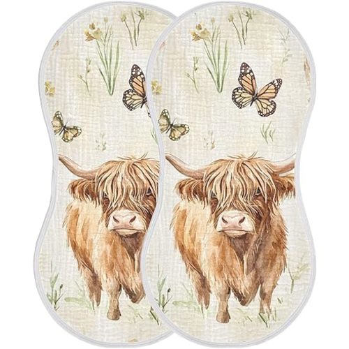 Farm Highland Cow Butterfly Burp Cloths Baby Boys Girls Absorbent Soft Cotton Burping Cloths Rags, 2 Pack