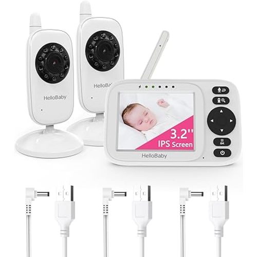 HelloBaby Monitor No WiFi Video Baby Monitor 2 Cameras - 3.2” Screen,2-Way Talk, Night Vision,Manual Baby Camera Adjustment,1000ft,ECO,USB Cable | Portable for Travel,Mom,Pet, Elderly | HB2438-2 Plus