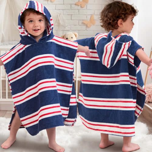 Hooded Baby Towel, Oversized (2-4Years,21"X21") Made from 100% Soft Cotton,Absorbent Hooded Poncho Towel for Baby Girl,Perfect for Pool | Swimming | Bath | Beach,Navy Red Stripe