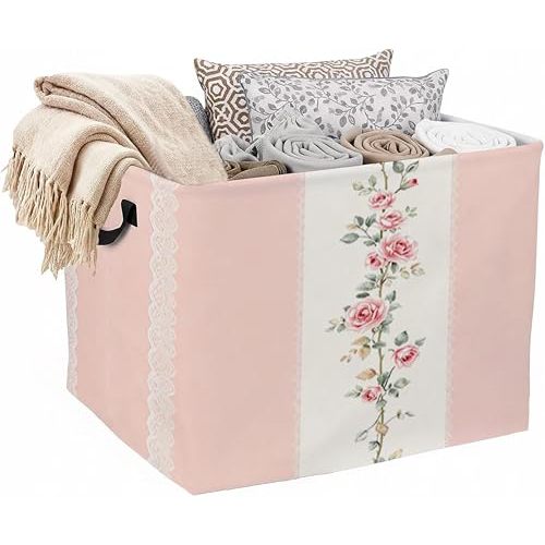 Pink Flower Laundry Hamper 56L Large Laundry Basket with Handles, Foldable Clothes Hamper for Bedroom Bathroom, Decorative Toy Storage Bin, Home Decor Organizer for Blankets, Towels & Toys.