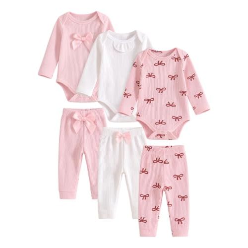 Newborn Layette Essentials 6-Piece Gift Set Baby Girl Clothes 0-6 Months | Pink Bow Preemie Infant Baby Girl Bodysuits, Pants Set Newborn Outfits Long Sleeve Rompers