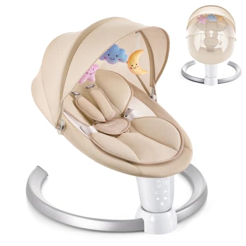 HARPPA Weddell Baby Swings for Infants with Canopy and Mosquito Net, Khaki | Newborn Swing with 5 Speeds, 5-Point Harness, Remote & Touch Panel, 10 Built-in Melodies, Portable Design