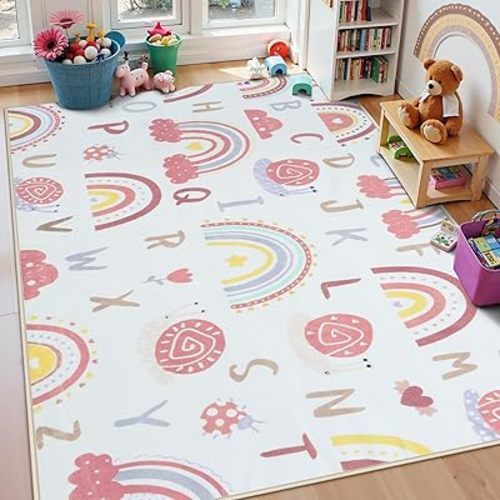 LIVEBOX Rainbow Kids Rug-5x7 Playroom ABC Carpet, Washable Non Slip Soft Low Pile Area Rug for Bedroom, Nursery, Preschool Classroom (Pink)