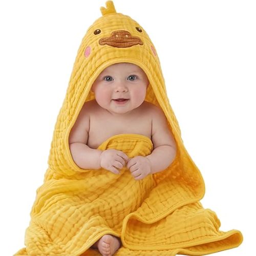 Blissful Diary Muslin Baby Hooded Towel 1 Pack, Soft & Absorbent Bath Towel for Infant, Toddler, Unisex, Baby Gift, Newborn Essentials, Sunny Duck