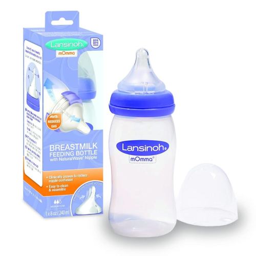 Lansinoh Momma Breastmilk Feeding Bottle with NaturalWave Nipple, 1 Count, 8 Ounce, Medium Flow Nipple, Soft Silicone Nipple, Collapse Resistant, Anti-Colic, BPS and BPA Free