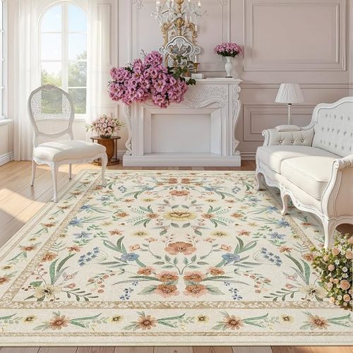 8x10 Beige Floral Washable Rug – Large Vintage Boho Non-Slip Carpet, Soft Low Pile Thin Stain Resistant Area Rug for Living Room, Bedroom, Dining Room, Nursery, Farmhouse, Home Office