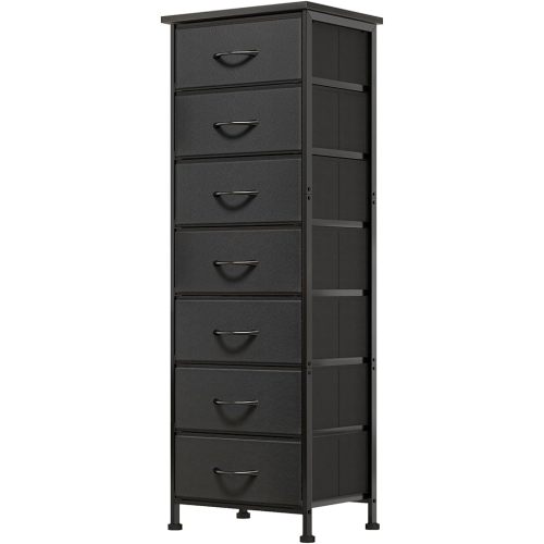 Fixwal Black Tall Skinny Dresser for Bedroom, Narrow Storage Dresser Organizer with 7 Fabric Drawers, Nightstand Furniture in Closet, Entryway, Hallway