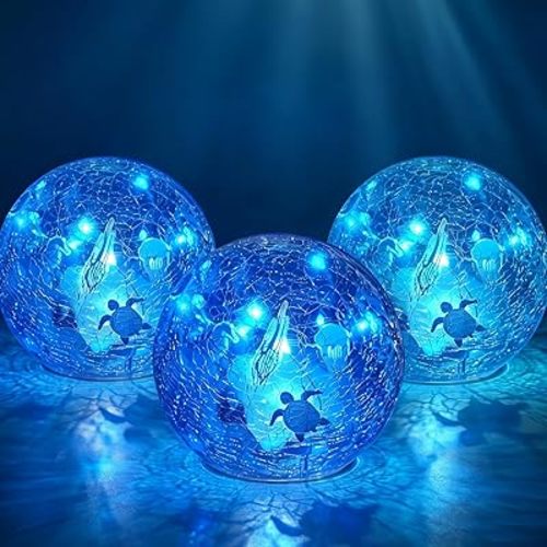 3PCS Summer Decorative Lights, 3.93 Inch Summer Desktop Decoration LED Night Light, Christmas Gift, Birthday Gift, Cracked Glass Ball Light with Timer, Desktop Decoration (Turtle)