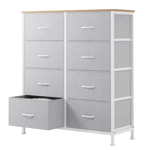 Sweetcrispy 8 Drawer Fabric Dresser for Bedroom, Tall Dresser, Light Grey | Chest of Drawers with Sturdy Steel Frame and Wooden Top, Closet Living Room Storage Organizer with Easy Pull Handles