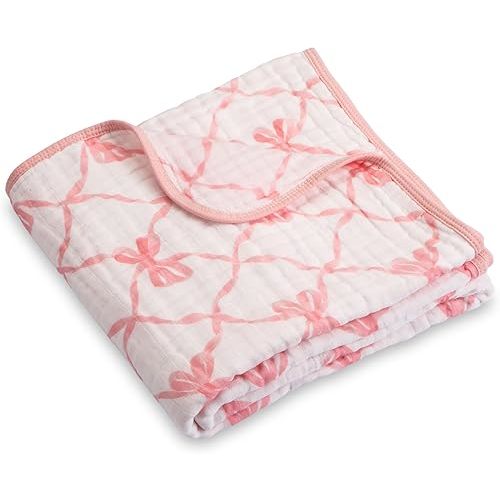 LollyBanks Muslin Baby Blanket 100% Organic Cotton, Muslin Quilt Lightweight, Muslin Blanket for Girls, 6 Layers Baby Blankets 47"x 47", Soft Nursery Receiving Blankets (Pink Bow Print)