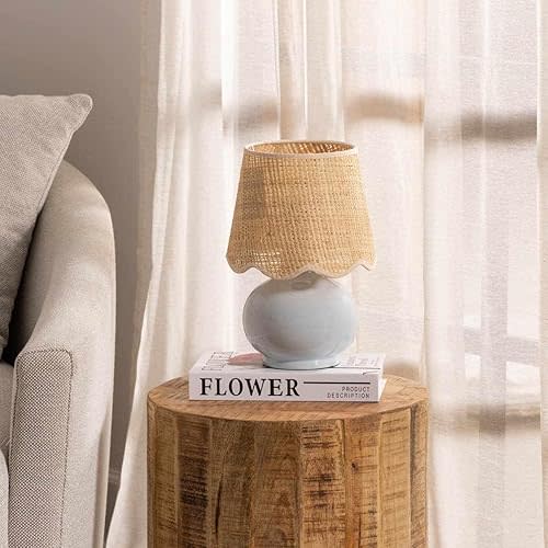 BoutiqueRugs Navarro Boho Ceramic Bedside Table Lamp for Bedroom Nightstand and Living Room - Shade Rattan - Blue, Beige - 13" H