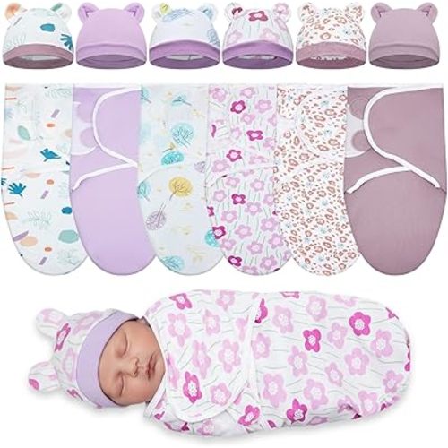 Ramede 6 Pack Preemie Swaddle Blanket with Hats Sleep Swaddle for Baby Boy Girl Preemie Newborn Sacks Soft Cotton Wearable(Tree,Purple)