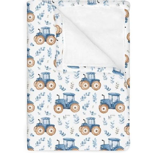 Watercolor Blue Tractors Baby Blankets for Boy Girl Farm Tractors Boho Leaves Soft Flannel Nursery Bed Blankets for Infant Toddler Crib Stroller Swaddle Receiving Blanket Playmat 40x50inch