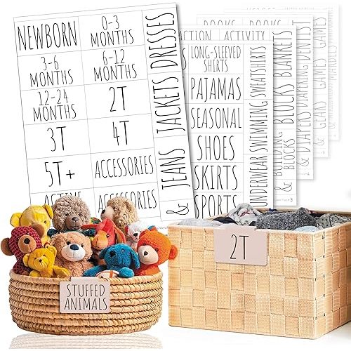 Hygge & Sage Nursery Organization and Kids Room Organization Label Stickers | 144 Clear Preprinted Stickers with Black Print | Easy to Remove Labels for Kids Playroom Storage or Nursery Storage