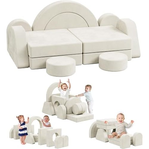 HedoAjim 12 PCS Modular Kids Play Block Soft Child Couch Sofa Toddler Building Fortplay Climbing Bedroom Playroom Baby Convertible Floor Foam Cushion for Boys & Girls(Beige-Double)