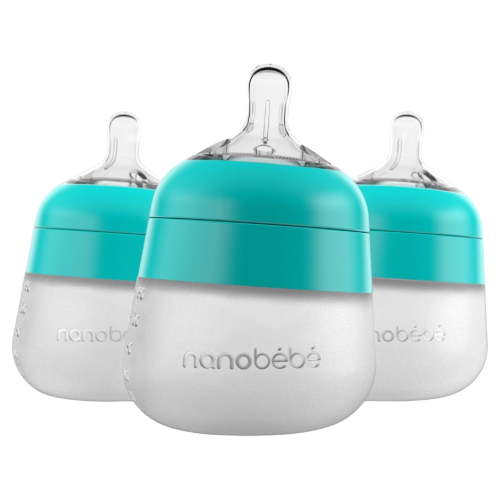 Nanobebe Flexy Silicone Baby Bottle, Anti-Colic, Natural Feel, Non-Collapsing Nipple, Non-Tip Stable Base, Easy to Clean, 3-Pack, Teal, 5 oz