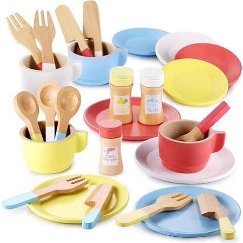 GAGAKU Wooden Play Dishes and Plates for Kids Kitchen Set 27 PCS Montessori Wood Play Kitchen Accessories Kitchen Toy for Toddlers Wooden Play Cooking Set for 3-8 Years Girls and Boys